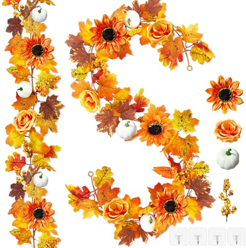 ROLLWAY 2 Stück Herbstgirlande Blätter Girlande Herbst Deko Hängend, Herbstblätter Girlande mit Kürbis und Sonnenblumen, Herbstdeko zum Aufhängen Blätter Deko Herbst Innen draußen für Zimmer Party