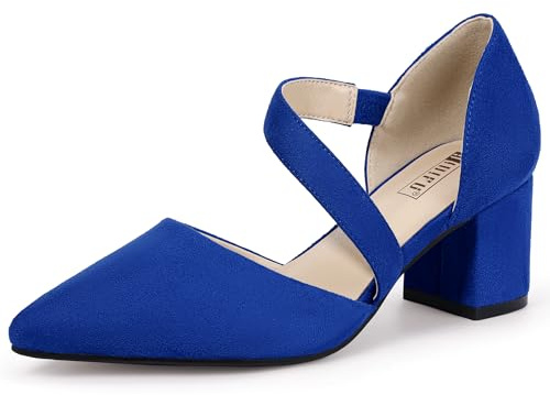 IDIFU IN2 Women's Pumps Closed Toe Strappy Heels Low Block Chunky Heels Dressy Wedding Bride Prom Business Dress Shoes for Women Pointed Toe Short Small Heels(Royal Blue Suede, 7.5)