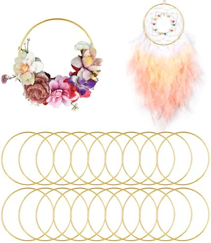 Ixydor 20 Anelli in Metallo per Artigianato, 10 cm Cerchio Floreale in Metallo, Ghirlanda Nuziale e Acchiappasogni, Oro