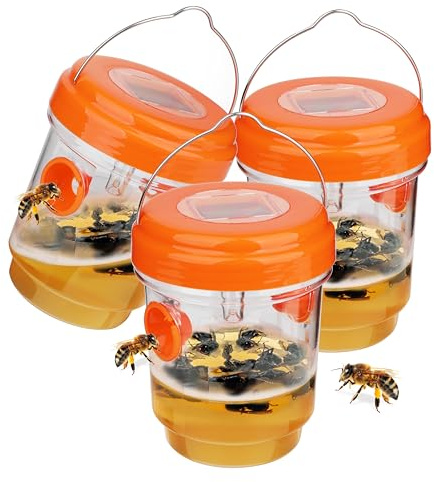 YJOO Trampa para avispas alimentada por energía solar con luz LED UV, paquete de 3, reutilizable para abejas, avispas, chaquetas amarillas
