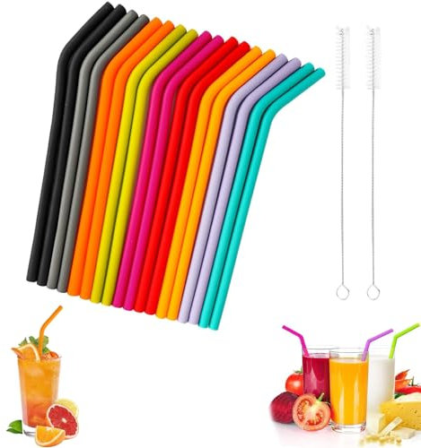 18 Pcs Silicone Straws Reusable and 2 Cleaning Brushes, Soft & Durable Silicone Straw, Eco-Alternative to Rubber Straws & Plastic Bendy Straws for Hot/Cold Beverages, Home Bars, Office, Outdoor