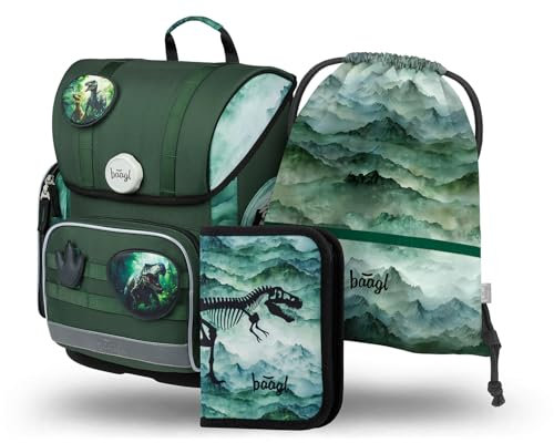 Baagl Schulranzen Jungen Mädchen Set 3 Teilig, Ergo Schultasche für 1. Klasse, Ergonomische Grundschule Ranzen Tornister mit Brustgurt (Dino)