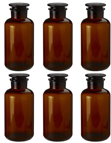 UNIQUE HOME LIVING Apothecary Jar Set of 6 Reagent Bottles, 500ml Amber Glass Storage Jars with Lid, Reusable Vintage Refillable Container for Herbs, Spices, Oils, Bath Salts, Lotion, Perfume