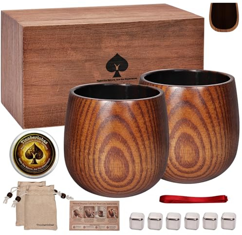 Tinnberlohas Charred Wooden Whiskey Glass Gift Set of 2 with Wood Gift Box