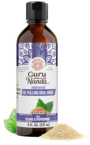 GuruNanda Sesame Mint Oil Pulling Mouthwash for Gentle & Natural Oral Care, Pure Sesame & Mint Extracts, Supports Happy Gums & Oral Hygiene, Alcohol-Free, 8 Oz
