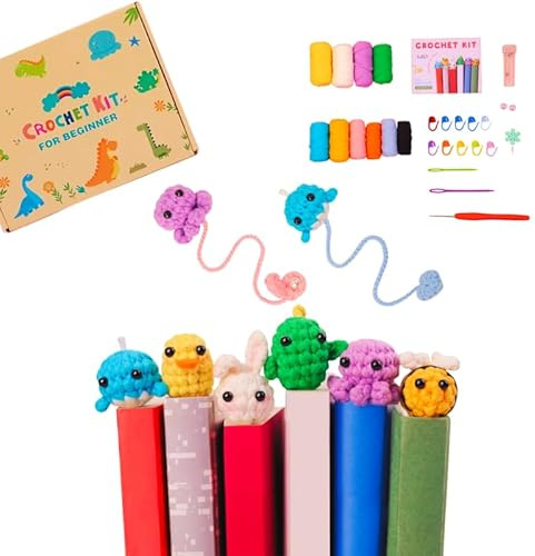 Crochet Kit for Kids - 6PCS Animal Beginner Amigurumi Gift Set with Video Tutorials for Basic Skills and Full Projects - Crochet Bookmark Kit- Easy DIY Gift for Children