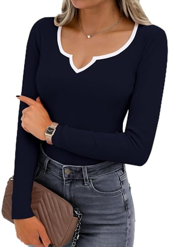 Aseniza Långärmad tröja för kvinnor, v-ringade toppar, bomull, ribbad t-shirt, långärmad undertröja, smal passform, pullover, casual, stretch, bastoppar, Marinblå, S