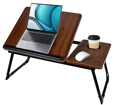 Plateau de Lit Pliable 55.5x32x25cm - Table de Lit avec Support Ordinateur Portable, Support Livre et Porte-Gobelet, 5 Positions Inclinaison jusqu'à 20kg (Noyer)