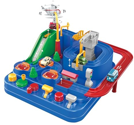 Pista Auto Montessori Interattiva – Gioco Educativo con 9 Livelli, 6 Tasti di Movimento e 2 Auto Incluse – Scivolo a Gravità Senza Batterie, per lo Sviluppo Motorio e Cognitivo, Età 36M+