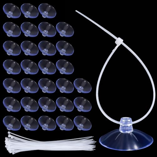 30PCS Aquarium Suction Cups 35mm Aquarium Plant Holder Small Suction Cup with 50PCS Adjustable Transparent Zip Ties Fish Tank Small Sea Sucker Suction-Cup for Plants, Planter, Binding Moss, Window