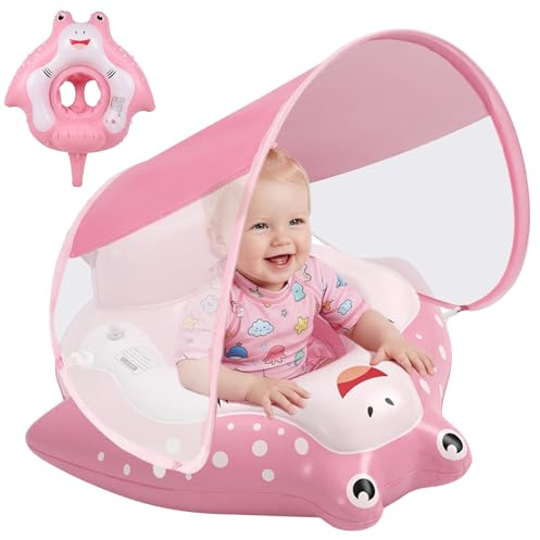 Flotador de Bebé con Sombrilla, UPF50+ Flotador Piscina con Desmontable Toldo, Flotadores Bebes para 12 a 36 Meses, PVC Suave Asiento Antivuelco para Piscina Playa