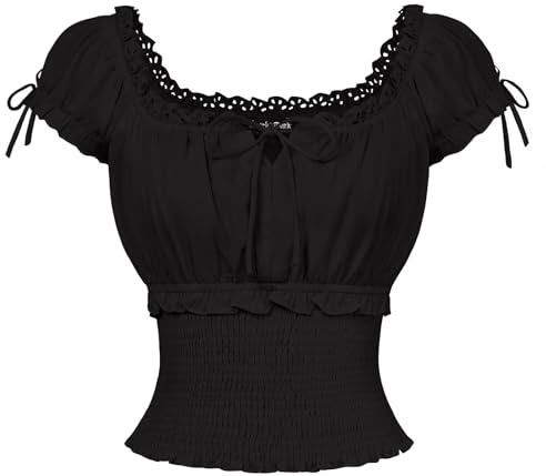 SCARLET DARKNESS - Top da donna rinascimentale a maniche corte, in pizzo, con allacciatura estiva, blusa con scollo quadrato e volant, vita svasata e corsetto, Nero , XXL