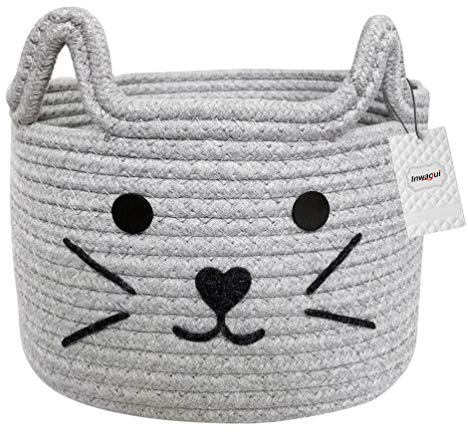 Inwagui Panier de Rangement en Corde de Coton Pliable Boîte de Rangement Motif de Chat Mignon Corbeille de Rangement pour Chambre d'enfant, Bébé Jouets, Accessoires - Gris