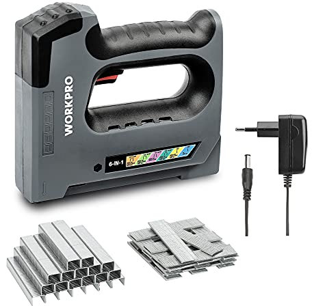 WORKPRO - Grapadora inalámbrica (3,6 V, 2000 mAh, 2000 grapas, grapadora multifunción 6 en 1, apta para grapas tipo 53, 140, 36, 8, 9, tamaño 6-15 mm, ideal para decoración y bricolaje