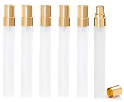 Enslz 10ml Mini Frosted Spray Bottles Refillable Fragrance Perfume Scent Bottle Empty Glass Atomizer for Travel 10 pcs (Gold)