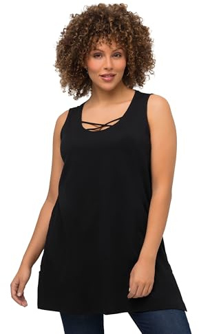 Ulla Popken Damen große Größen Übergrößen Plus Size Longtop, Zierbänder, A-Linie, Rundhals, ärmellos