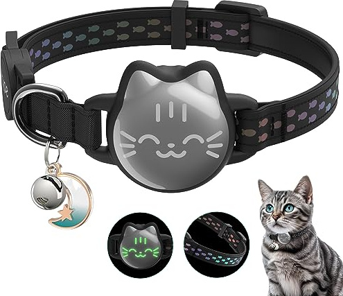 Waterproof Airtag 2nd & 1st Cat Collar, Breakaway Cat Airtag Collar with Luminous & Reflective Fish Pattern, Lightweight Kitten Collars for Apple Air tag, Hidden GPS Tracker Holder for Cats, Kittens