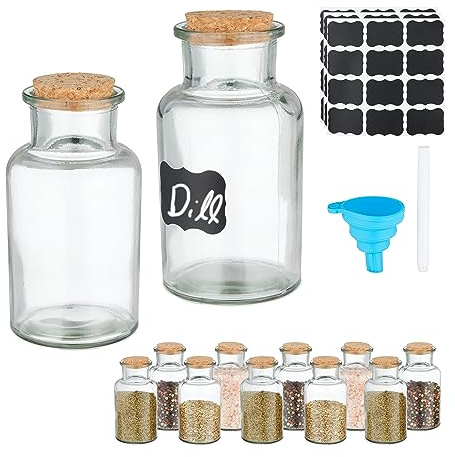 Relaxdays Gewürzgläser 12er Set, Korkdeckel, Gewürzdosen Glas, 250 ml, inkl. Etiketten, Stift & Trichter, transparent