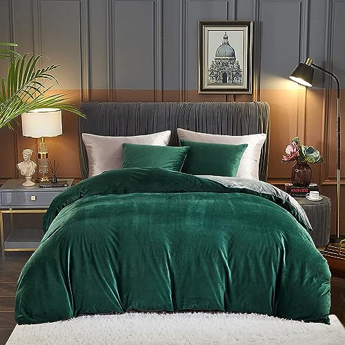 Freyamy Copripiumino in flanella 220 x 240 cm, colore verde scuro e grigio peluche, set da letto matrimoniale in velluto invernale caldo con cerniera Sherpa, biancheria da letto reversibile con 2
