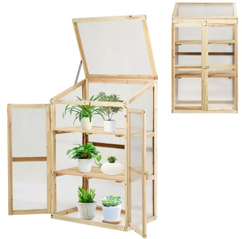HOMASIS Serra da Balcone in PC Vetro, Miniserra da Giardino con 2 Ripiani e Porte, Serra da Terrazzo in Legno di Abete (Naturale, 60 x 45 x 100 cm)