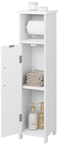 EUGAD Toilettenpapierhalter freistehend, Badezimmerregal Toilettenpapieraufbewahrung, Badregal mit Tür, Toilettenschrank Toilettenregal schmal, Weiß