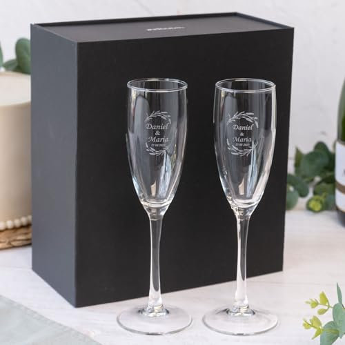 Wanapix | Pack de 2 Copas de Cava Personalizada | Estuche de Regalo Incluido | Copa de Champagne Cristal Grabada a Láser | Boda/Aniversario/San Valentín | 20cl. | Nombres y Fecha