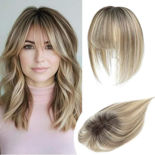 Lasunork Topper per capelli da donna in capelli umani, topper per capelli con clip e frangia, base svizzera intrecciata a mano (sfumato marrone chiaro con riflessi biondi)