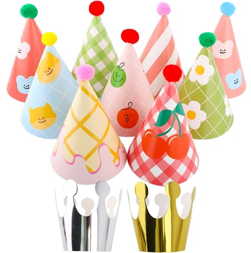 Inxens Mini Party Hats for Kids, 11 Piece Birthday Cone Hats for Stuffed Animals and Pets, 9 Paper Cones and 2 Crowns, DIY Assembly with Pom Poms, Cute Cherry Smiley Design
