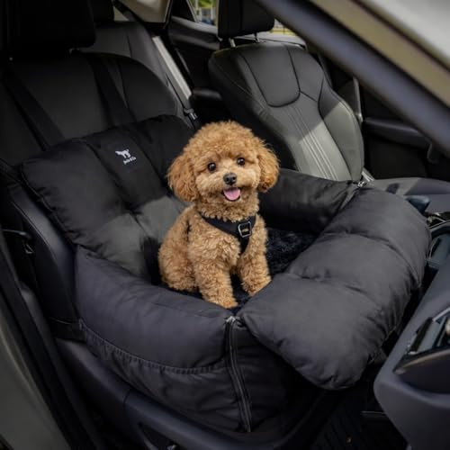 JACKO & CO - Premium Dog Car Seat for Small & Medium Pets up to 25lbs - Machine Washable, Removable Covers, Water Resistant, Clip-On Leash, Front or Back Seat Use (Ultra Premium, Black Small 1-25lbs)