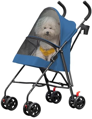 Passeggino per cani, con cesto di stoccaggio, 4 ruote, passeggino per cani e gatti, pieghevole, leggero e pratico, facile da trasportare, 97 x 45 x 55 cm, blu
