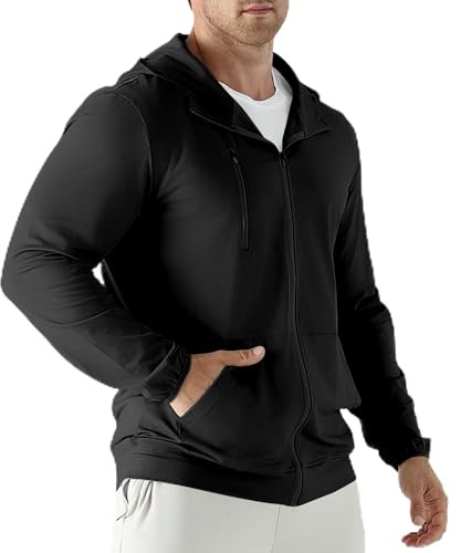Jupmov Mens Lightweight Running Jackets,Quick Dry Workout Windbreaker Zip Up Hoodie Men with Pocket(Black,XL)