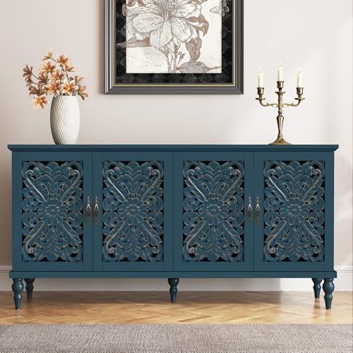 ARTPOWER 61.8 Hollow Carved Wood Accent Cabinet with 4 Doors, Vintage Sideboard Buffet with Adjustable Shelves, Credenza Storage for Living Room, Dining Room, Kitchen, Entryway, Hallway, Antique Blue