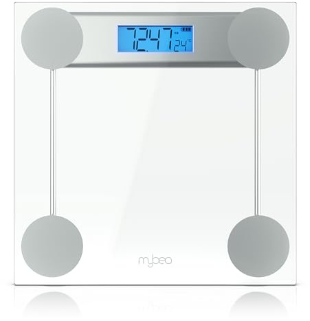 MyBeo – personvåg digitalt glas – max. 180 kg – stor skärm – blå LCD-skärm – kg och lb – DMS-sensorer – kroppsvåg