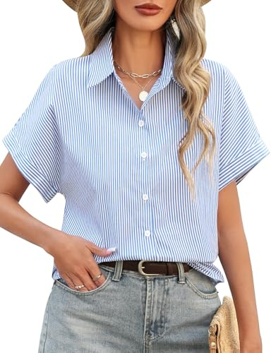 Fashora Chemisier Femme Coton Chemise Décontracté Manches Courtes Col en V Blouse Rayures Élégant Boutonné Bureau Business Tops