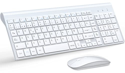 TopMate Pack Teclado y Raton 2400DPI, Inalámbricos Ultra Delgado, 2.4G Compacto Silencioso Teclado de Tamaño Completo con Cubierta, 2 Pilas AA y AAA, para PC/Laptop/Windows-Blanco
