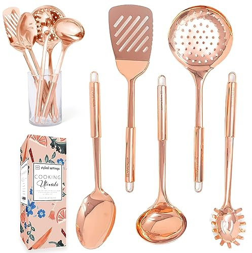 Utensili da cucina in rame per cucinare/servire, utensili da cucina color oro rosa – Set di 5 pezzi – mestolo in rame, cucchiaio da portata, forchetta, spatola, spatola da cucina