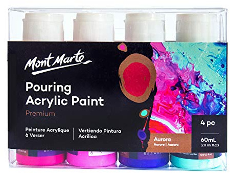 MONT MARTE Acrylic Pouring Paint Set Aurora – 4 pieces x 60ml – Premixed with Pouring Medium – Shiraz, Pink, Ultramarine Blue, Mint Green
