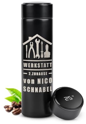 Maverton Thermobecher Kaffeebecher 450 ml - Isolierbecher personalisiert - 100% dicht - Led Temperatur Anzeige - aus Edelstahl - Geschenk für Männer - Weihnachtsgeschenke - schwarz - Werkstatt