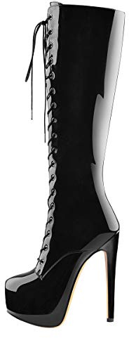 Only maker Women's Knee High Boots with Invisible Platform Lace Up Wide Calf Long Booties with Side Zipper Faux Patent Leather Round Toe Stiletto High Heels Black Size 10