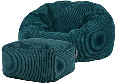 Icon Kingston Sitzsack mit Hocker Cord, Blaugrün, Sitzsack Erwachsene mit Füllung, Bean Bag, Cord Sessel, Lounge Sessel, Lounge Stuhl, Schlafzimmer, Wohnzimmer, Wohnzimmer Möbel