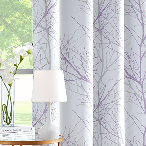 Fmfunctex Blackout Thermal Curtains for Bedroom 72 Inch Drop Lilac White Eyelet Curtains for Living Room Branch Print Room Darkening Energy Saving Window Curtain Drapes 2 Panels
