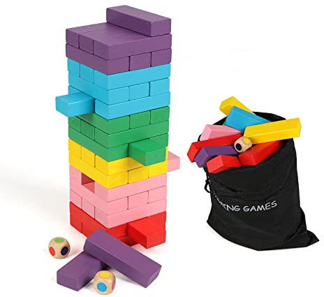 Canuan Wooden Blocks Stacking Games, 48PCS Tumbling Stacking Blocks Game for Kids and Families, Wood Colorful Balancing Blocks Montessori Toys for Kids with Storage Bag