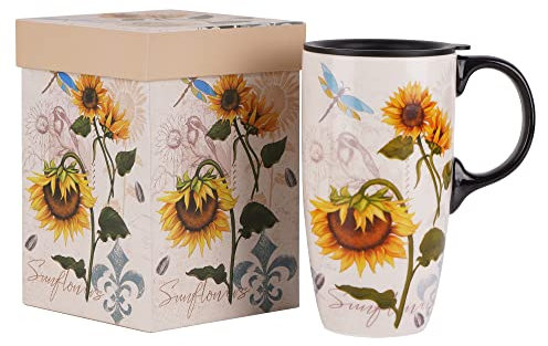 Topadorn Ceramic Mug with Lid and Gift Box Latte Mug Coffee Cup,17oz. Sunflower