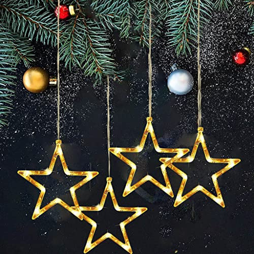 FPEAOB Weihnachtsbeleuchtung Fenster, LED Deko Sterne Fensterdeko Hängend 4 Stück Fenster Lichtervorhang Timer,Warmweiß Batteriebetrieb Saugnäpfe Lichterkette Innen für Weihnachtsdeko Party Balkon