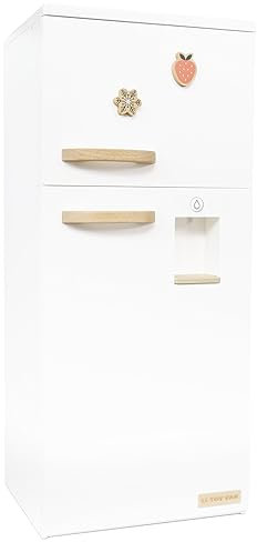 Le Toy Van – Wooden Stand Alone Fridge Freezer Set | Grand Free Standing Refrigerator & Freezer with Accessories Pretend Play Set – suitable for 36+ months, White