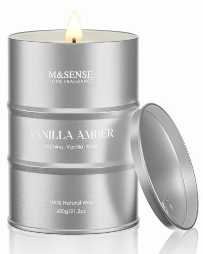 M&SENSE Vanille Bernstein Duftkerzen im Glas große Kerze Bio Sojawchskerzen sauber ungiftig 600g 120 Stunden lang anhaltende Brennen stark duftende Aromatherapie Kerzen Housewarming Geschenke