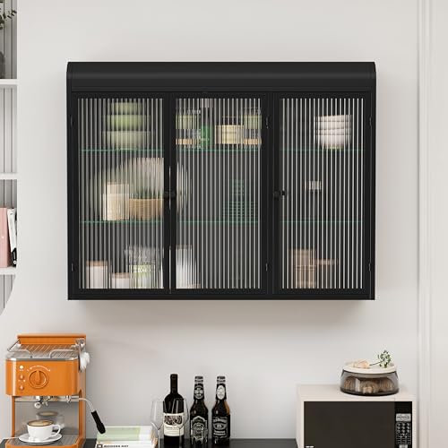 Moderno armario colgante de cocina, armario de pared con 3 puertas de cristal, armario de baño de metal y cristal, armario para medicamentos para cocina y baño, 90 x 20 x 70 cm (negro)