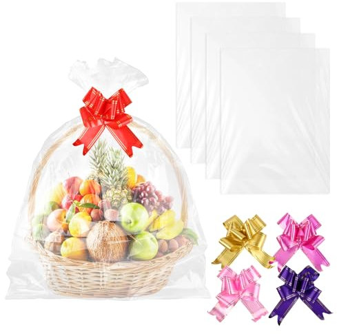 Cellophantüten Groß, 5 Stück 70x100cm Geschenkfolie zum Verpacken, Geschenkpapier Durchsichtige Folie mit 5 Zugschleifen, Cellophantüten für Geschenke Körb,Blumen,Hochzeit