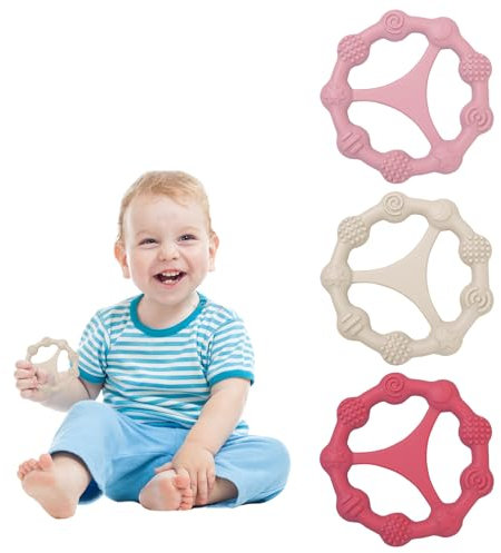 Momowin 3 Pezzi Massaggiatore Gengive Neonati, Giochi in Silicone per Dentizione Neonati, Facile da Impugnare, per Bambini da 6 Mesi (rosso scuro + rosa chiaro + beige)