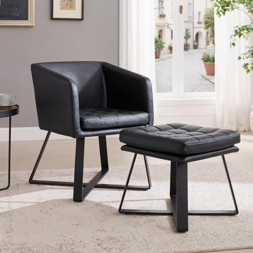 Ya-Home Sessel mit Hocker, Loungesessel Vintage PU Cocktailsessel Akzentstuhl Waffelmuster Clubsessel für Wohnzimmer Schlafzimmer Büro, Schwarz